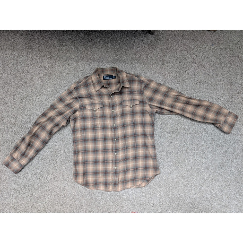 Polo Ralph Lauren Western Flannel Shirt Mens M Cotton Brown Plaid Elbow Patches